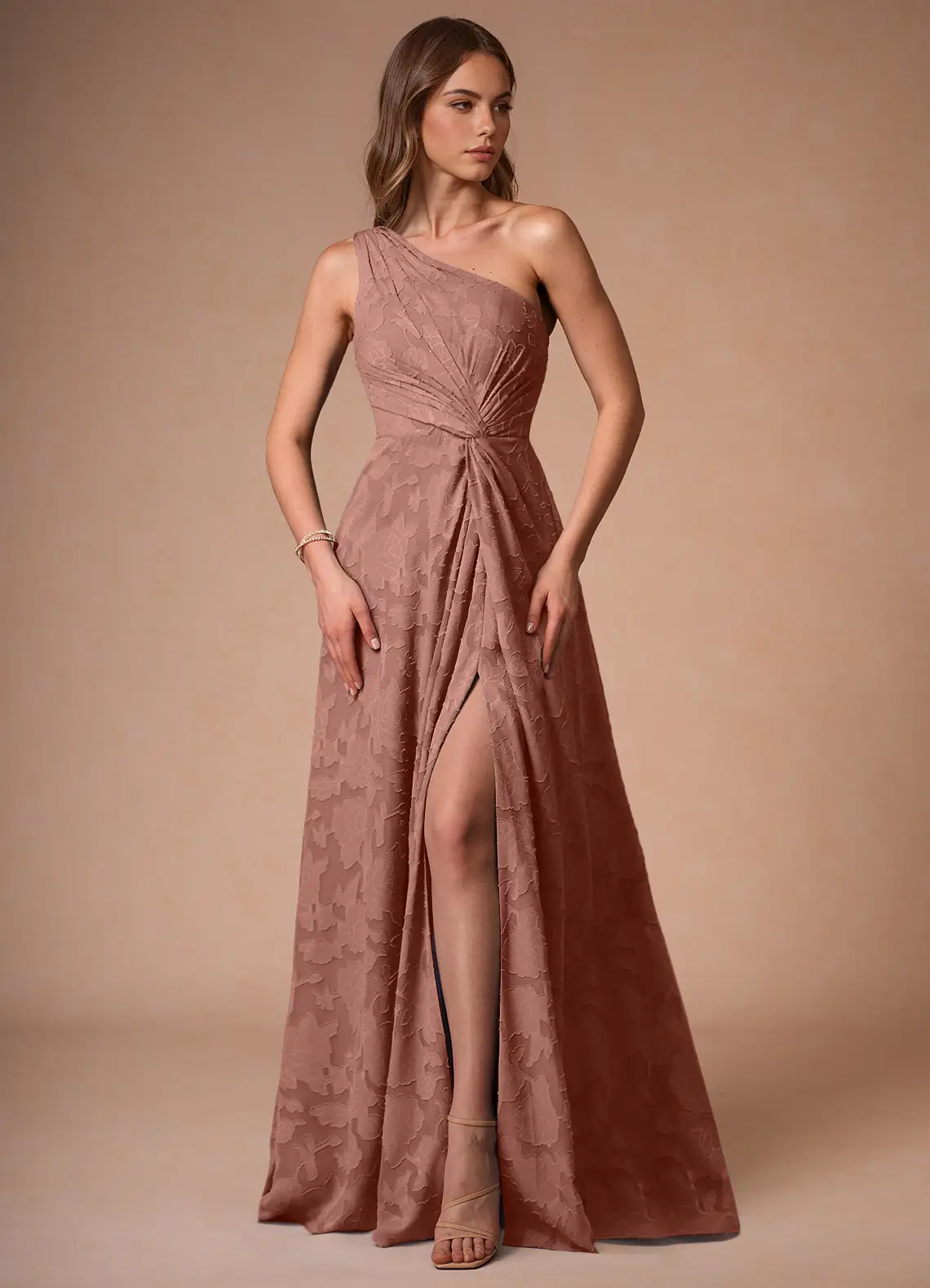 One shoulder dusty rose gown
